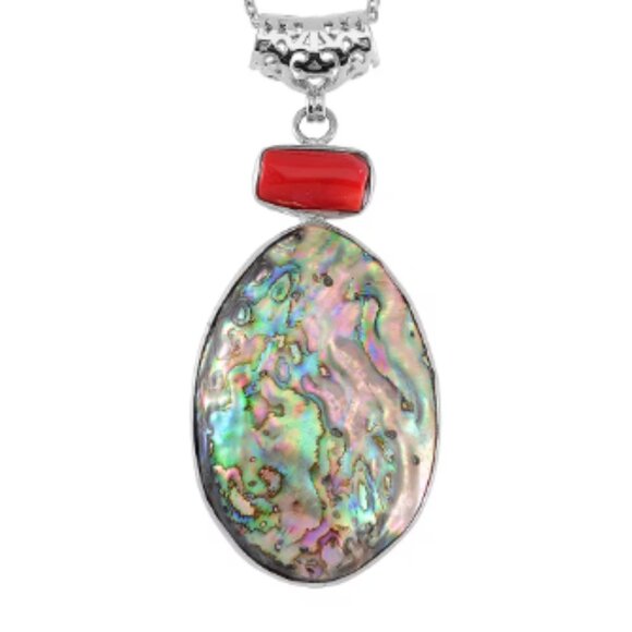Abalone Shell and Red Coral Pendant Necklace in Silvertone & Stainless Steel 20 - Picture 3 of 5